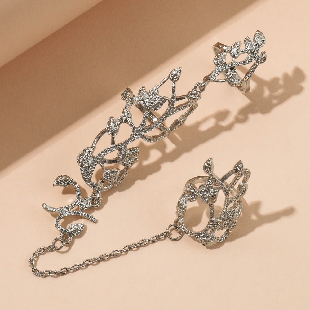 Silver Floral Chain Link Double Finger Ring / Rings Set - Picture 3 of 9